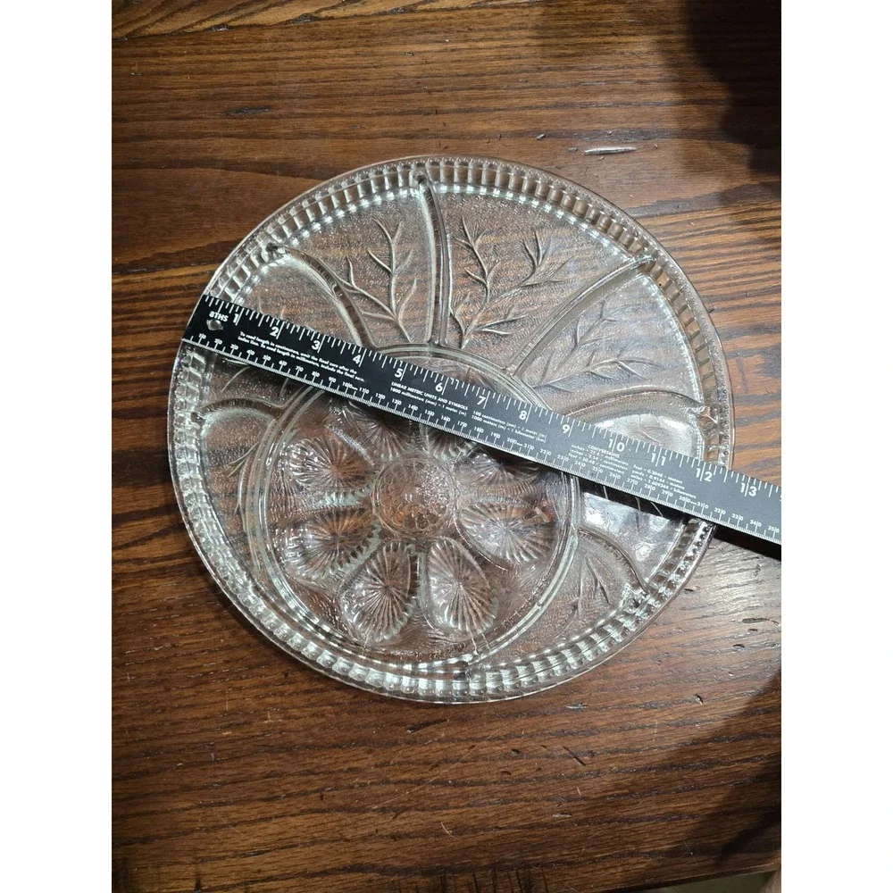 Vintage 70s Clear Pressed Glass Deviled Egg Relish Tray Tree of Life Pattern 11